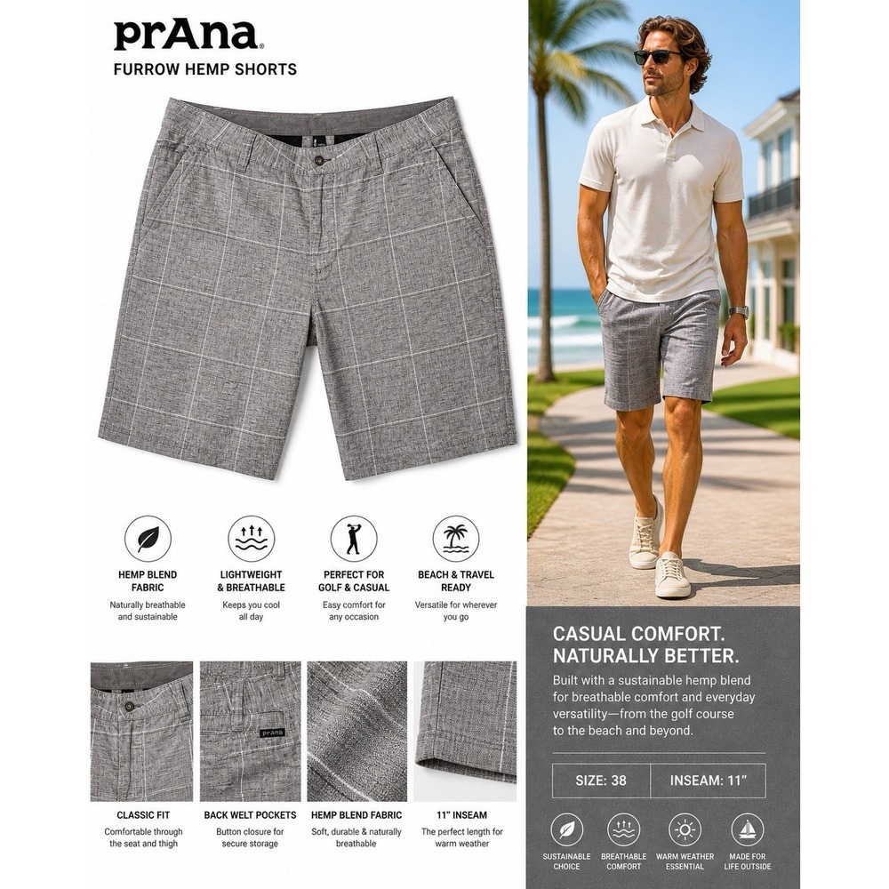PrAna Furrow Hemp Men's Shorts Pockets Beach Golf Stretch Gray Plaid 38/11 EUC!